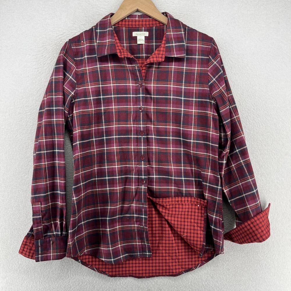 Garnet Hill Plaid Button-Up Blouse in Burgundy, Red and Navy
